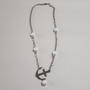 Anchor Necklace with White Round Beads Silver Tone Chain and Pendant